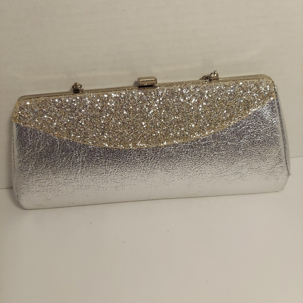 Vintage Silver Metallic + Glitter Clutch Evening Bag Purse Cocktail Prom Formal - Picture 3 of 15
